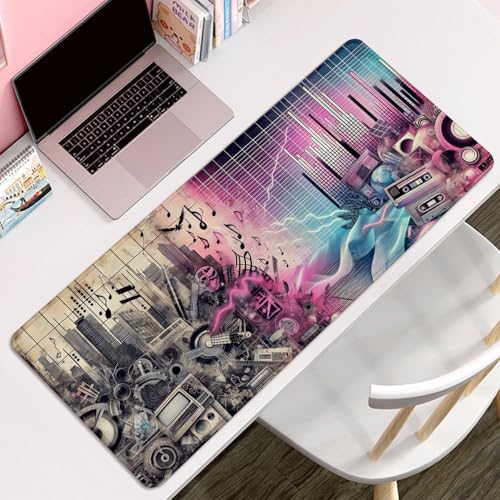 Music Theme Mouse Pad Desk Mat, Big Mousepad (27.5X11.8 in) | Non-slip base, high-density smooth surface with no stuttering,Washable and colorfast,suitable for office, study, and gaming - color: Chillwave Music