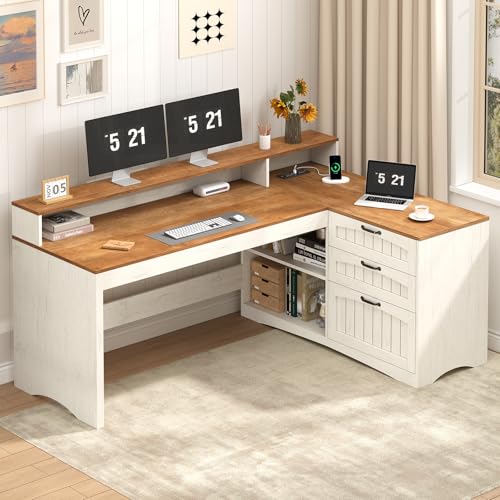 YOMILUVE Farmhouse L Shaped Desk, 61" Home Office Desk with Drawers and Storage Shelves, L Shaped Computer Desk with Power Outlet, Executive Desk with Monitor Stand, Printer Shelf, Brown and White