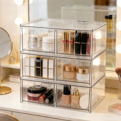 Prsildan 6 Small Drawers Stackable Storage Drawer Clear Acrylic Organizer | Makeup Organizers, Vanity Bathroom Kitchen Cabinets Under Sink Home Organization, 3 Pack - style: Style2-6Drawers