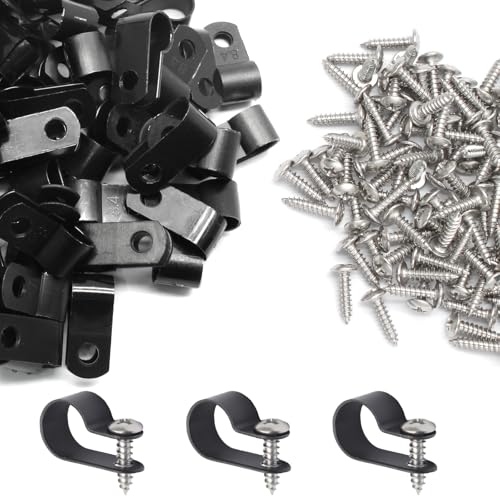50 Pcs 1/2 Inch Black Nylon Screw Mounting R-type Cable Clip Wire Clamp, 13.2mm Cable Clip Wire Clamp for Wire Management, Stainless Steel Screws Included - color: 50 Pcs Black, size: 1/2