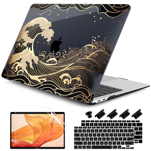 DONGKE Compatible with MacBook Air 13 inch Case 2021 2020 2019 2018 Release A2337 M1 A2179 A1932 with Retina Display Touch ID, Plastic Hard Shell & Keyboard Cover - Golden Wave - color: Golden Wave X902