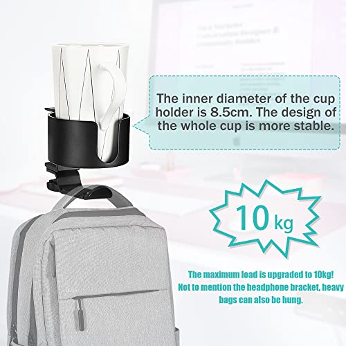 2 in 1 Desk Cup Holder with Headphone Hanger Holder, Anti-Spill Cup Holder-360° Rotation Aluminum Alloy Stand Hook Bearing Capacity 10kg/22lb Suitable for Coffee Mups,Water Cups,Bag,Headphone