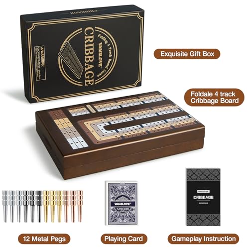 VAMSLOVE Upgraded Wooden 4-Track Cribbage Board Game 16 inches Foldable Magnetic Scoreboard with Large Slot for Storing 1 Playing Card and 12 Metal Pegs, Travel Family Game Night Instruction Included
