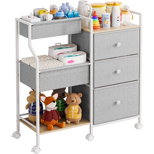 Modanais Baby Organizer and Storage - 3 Tier Rolling Cart with Dividers and Drawers, Easy To Assemble, Mobile Utility Cart with Wheels for Nursery, Bedroom, Changing Table & Crib,Light Gray - color: Light Gray