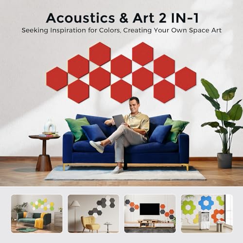 Self-Adhesive Acoustic Panels [390 lbs/yd³ Ultra-High Density], 2nd Generation Sound Absorbing Panel, Professional Level Sound Panel, Polyester Soundproof Foam [Medium Hexagon, Red] - color: Red, size: Medium Hexagon (12''x10''x0.4'')