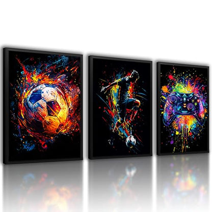 Soccer Gaming Wall Art Set Of 3 Black Framed Canvas Prints Neon Graffiti Soccer Ball Player And Controller Decor For Boys Room Teen Bedroom Game Room 12x16 Inches Each