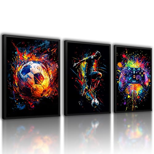 Soccer Gaming Wall Art Set Of 3 Black Framed Canvas Prints Neon Graffiti Soccer Ball Player And Controller Decor For Boys Room Teen Bedroom Game Room 12x16 Inches Each