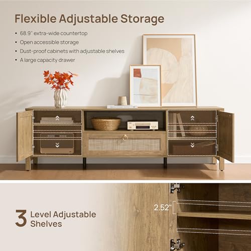 SICOTAS Rattan TV Stand for Living Room, 69" Boho TV Console Cabinet with Drawer & Adjustable Shelves, Large Entertainment Center with Storage for 55/65/75 Inch TVs