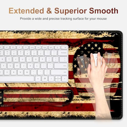 Large Mouse Pad with Wrist Support 4in1 Set, XXL Game Mousepad + Keyboard Wrist Rest+Mouse Wrist Rest+Coaster with Ergonomic Design Gaming Mat for Home Office Table Computer I Retro USA Flag - color: Retro USA Flag