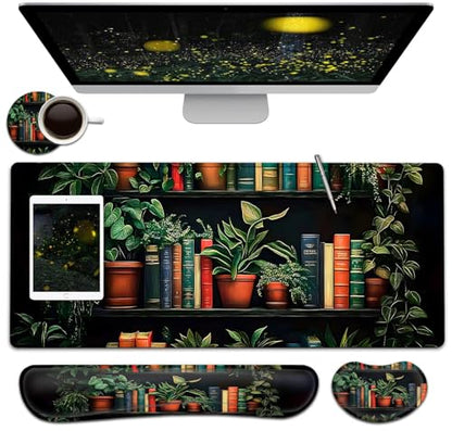 Large Mouse Pad + Keyboard Wrist Rest Set, Extended Gaming Mousepad (31.5X11.8 inch) with Non-Slip Rubber, Ergonomics Memory Foam Mouse Wrist Rest Support, Bookshelf Plants Pattern XXL Desk Pad - color: Yu-Mouse Pad-3-B41