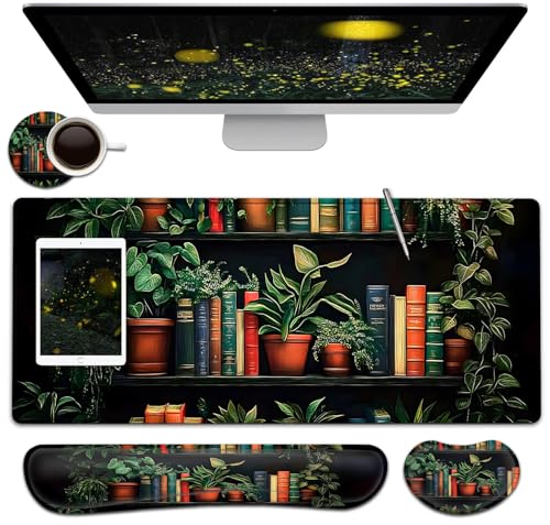 Large Mouse Pad + Keyboard Wrist Rest Set, Extended Gaming Mousepad (31.5X11.8 inch) with Non-Slip Rubber, Ergonomics Memory Foam Mouse Wrist Rest Support, Bookshelf Plants Pattern XXL Desk Pad - color: Yu-Mouse Pad-3-B41