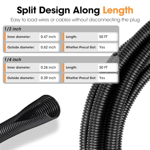 Wire Loom 1/4", 1/2 Inch x 50 FT, Split Wire Loom Tubing Wire Conduit, Cable Sleeves Bulk Flexible Electrical Conduit Protective kit – Black - color: 1/4", 1/2 Inch x 50 FT