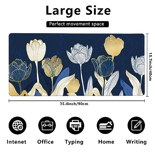 MIOAOSRT Desk Mat,Luxury Gold Tulip Flower Large Gaming Mouse Pad with Stitched Edges,Non-Slip Computer Mouse Pad for Desk,Extended XXL Keyboard and Mouse Pad 35.4x15.75 in - color: Luxury Gold Tulip Flower