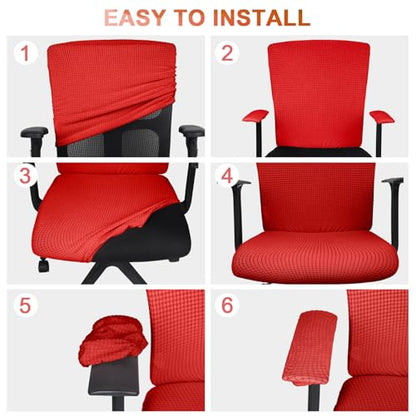 Tallew 4 Pcs Office Chair Covers Set Computer Universal Protective Stretchable Chair Seat Covers Desk Armrest Slipcovers Pads Office Cushion Backrest for Rotating (XL,Red) - color: Red