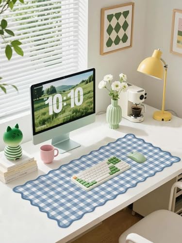Scalloped‌ Blue Checkered Gingham Desk Mat Cute Pastel XXL Large Gaming Mouse Pad Kawaii Cottagecore ‌Vintage‌ Rustic Keyboard Computer Mat Aesthetic Desk Pad Accessories Office Decor - color: A6-light Blue