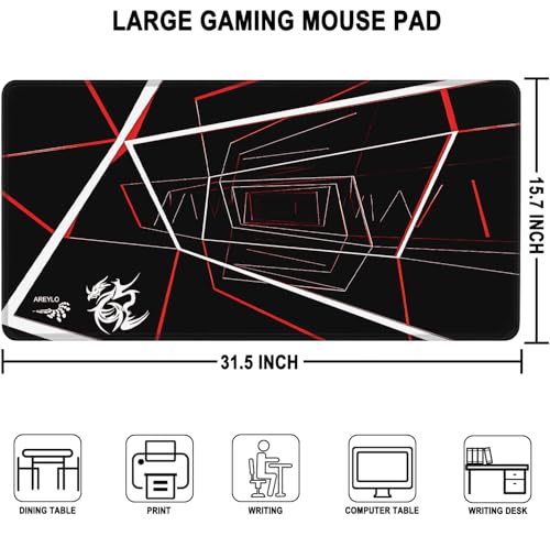 Large Gaming Mousepad, Waterproof Extra Large Mouse Pad with Stitched Edges, 31.5" x 15.7" Non-Slip Rubber Base Office Big Long Keyboard Pad for Office Gamer Home XXL, (Red Square) - color: Red Square