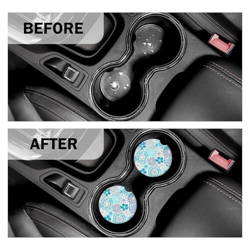 Blue Floral Car Coasters for Cup Holders Set of 2 Bohemian Absorbent Ceramic Cup Coaster 2.63" Non-Slip Cork Base Drink Coasters with Finger Notch Car Accessories Interior - color: Blue