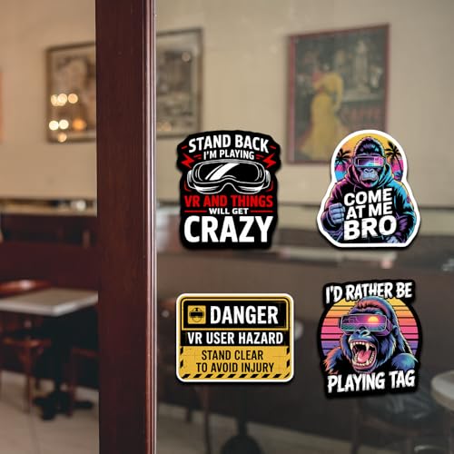 (Set of 4) I'd Rather Be Playing Tag Gorilla Sticker, Come at Me Bro Decal Gift, VR Player Virtual Reality User Hazard Gamer Funny Warning Stickers 3 Inches