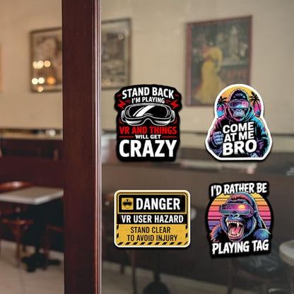(Set of 4) I'd Rather Be Playing Tag Gorilla Sticker, Come at Me Bro Decal Gift, VR Player Virtual Reality User Hazard Gamer Funny Warning Stickers 3 Inches
