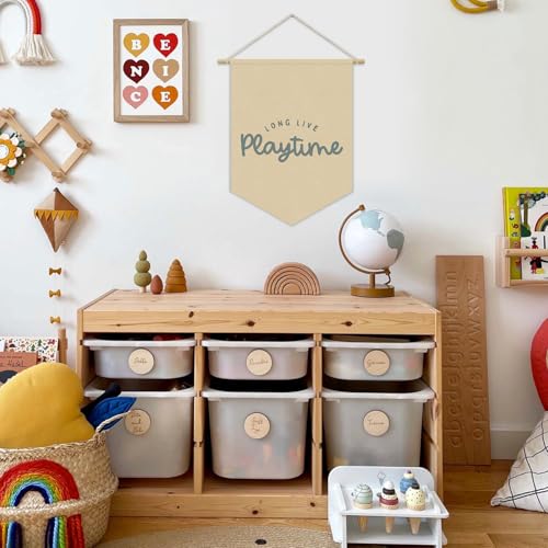 Playroom Decor, Long Live Playtime Neutral Linen Canvas Banner, Play Room Wall Hanging Pennant Flag Banner for Nursery Toddler Kids Room Bedroom Playroom Decor, 15x11in - color: Playtime-beige Blue