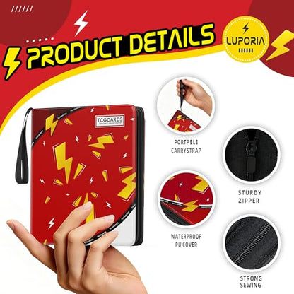 Trading Card Binder 4 Pocket,400 Pocket Card Collection Binder with 50 Removable Sleeves,PU Waterproof Top Card Book,3-Ring Zipper Collectible Trading Card Album for MTG/TCG/Card Holder Gift（Red） - color: Red, size: Small