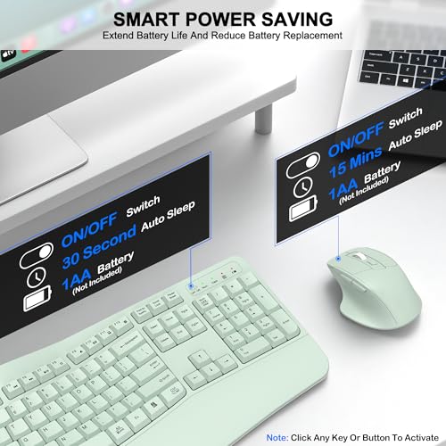 Wireless Keyboard and Mouse Combo, 2.4G Full Size Wave Keys Ergonomic Keyboard with Wrist Rest and 3-Level DPI Adjustable Wireless Ergonomic Mouse for Windows, Mac OS Desktop/Laptop/PC(Avocado Green) - color: Green