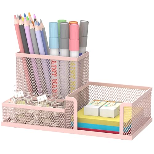 SUPEASY Mesh Pen Holder Desk Organizer, Office Supplies Pencil Storage with 3 Compartments, Office Desk Accessories and Workspace Organizers for Home School Classroom, Pink - color: Pink
