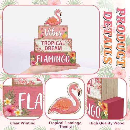 4 Pcs Summer Flamingo Room Table Decor Pink Flamingo Wooden Tiered Tray Decor Set Pink Tropical Summer Party Wooden Signs Shelf Sitter Pool Beach Theme Table Centerpieces for Home Decorations - style: Flamingo