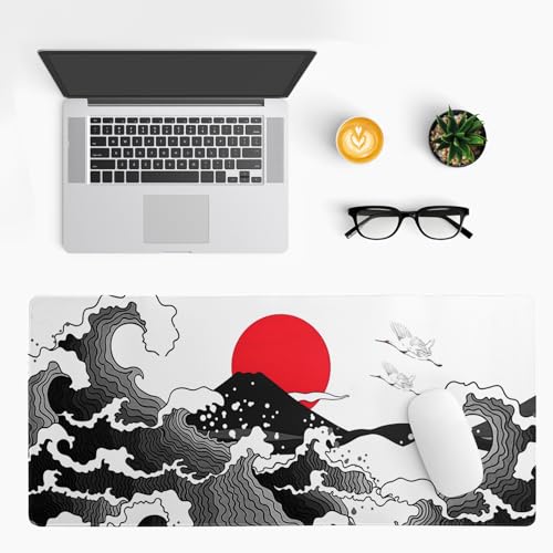 Japanese Red and Black Wave Gaming Mouse Pad Extended Large Mouse Mat Desk Pad Sea Texture Non-Slip Rubber Base Wave Mousepad Stitched Edges Keyboard Desk Pad for Office Home Game 31.5x11.8 Inch - color: Japanese Red and Black Wave