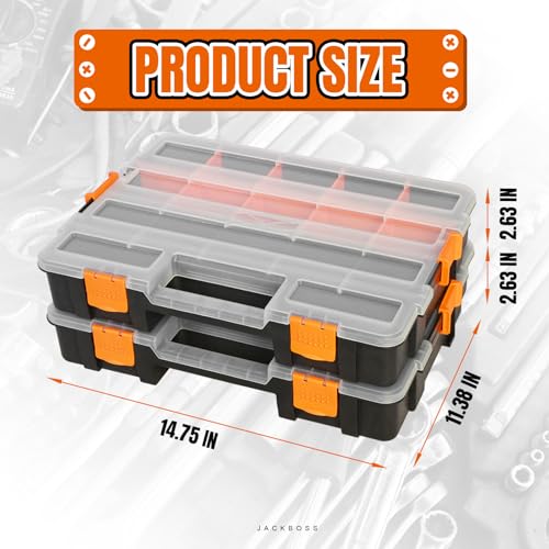 Jack Boss Tool Box with Transparent Lid, Single Side 17-Compartments Organizer Box with Removable Dividers for Hardware, Screws, Bolts, Nails, Beads, Jewelry and Fishing Accessories, Orange, 2 Pack - color: Orange, size: 2-PCS