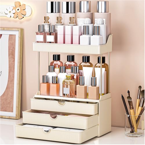 caktraie Bathroom Organizers and Storage - 3 Drawers 2 Tier Makeup Organizer, Cosmetic Storage Drawer for Dresser Countertop and Bathroom Vanity for Large Skincare, Perfume, Cream White - color: Cream White, size: 1 PACK