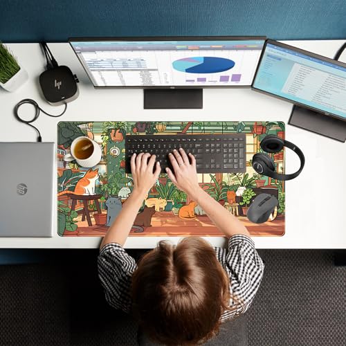 Large Desk Mouse Pad Cute Cats Desk Mat, Extended Gaming Mouse Mat, Office Home Keyboard Pad, Green Plant Computer Mats XXL, Cute Full Desktop Mat, Anime PC Accessories for Women 31.5" x 15.75" - color: Kawaii Cats