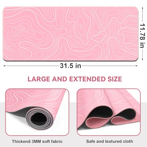 DIGSOM Gaming Mouse Pad, Pink with White Topographic Line, 31.5x11.8in | XL Mouse mat, Smooth surface, Anti-slip rubber base, For keyboard and mouse, For home and office use - color: Pink Topographic