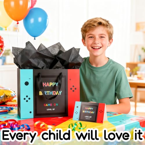 LERCTH Video Game Gift Bags 13" Large Paper Tote Bag with Handles & Greeting Card & Gifts Wrap Paper Reusable Birthday Gift's Bag for Boys Kids Video Game Birthday Party Supplies - color: Game gift bag, size: 1 count (Pack of 1)