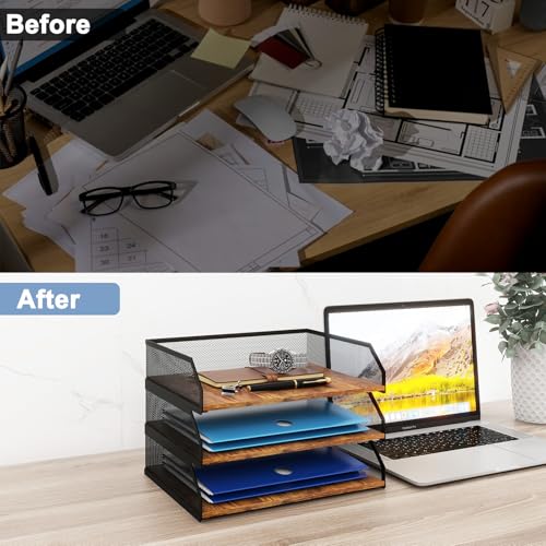 Natwind 3-Tier Stackable Metal Mesh Paper Organizer with Sliding Tray,Retro | Wooden Desk Organizer, Letter Tray For Desktop,File Holder For Home Office School Classroom Organization - size: 3 Tier