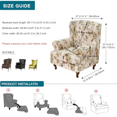 KRFOONN Wingback Chair Covers Slipcovers 2 Piece Stretch Wing Chair Covers Spandex Slipcovers Wingback Sofa Covers Armchair Covers Non-Slip Furniture Protector for Living Room Wingback Chairs, A24 - color: A24