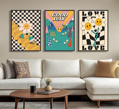 3Pcs Hippie Wall Art Retro Minimalist Black and White Checkered Posters Wall Decor Whimsical Cartoon Flower Boho Canvas Paintings Prints Suitable for Children's Rooms Bedrooms Living Room Decoration Unframed - color: black white yellow, size: 16 in x 24 i
