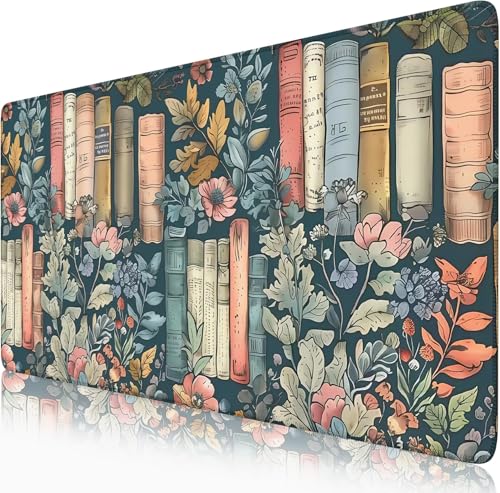 Floral Books Desk Mat Cute Desk Pad XXL Mouse Pad Colorful Mouse Keyboard Pad Flower Bookshelf Desktop Mat for Computer Laptop Aesthetic Reader's Home Decor 31.5x15.7 in - color: A5- Floral Books