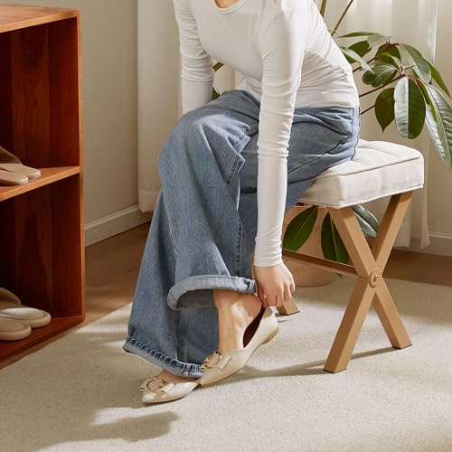 Royal Windsor Vanity Stool,Square Ottoman Stool Foot Rest,Upholstered Vanity Chair Foot Stool with Metal X Legs, Small Vanity Seat for Entryway,Bedroom and Living Room,Linen Beige - color: 12.6"d Beige+yellow