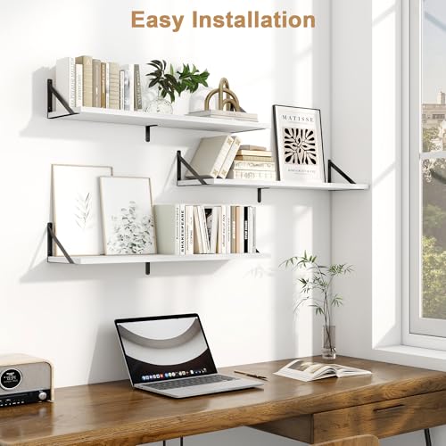 Fun Memories Floating Shelves for Wall, 36 Inches Long Set of 3 Wall Shelves for Bedroom, Floating Bookshelves with Metal Brackets for Living Room, Kitchen, Bedroom and Laundry Room (White) - color: White, size: 36"W x 8"D