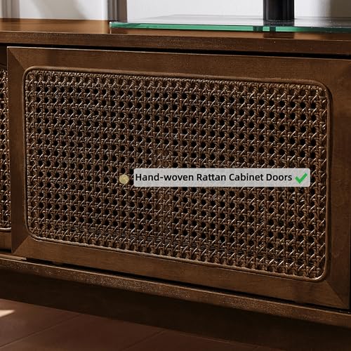 LKTART Boho Mid Century TV Stand,59" Rattan Entertainment Center,Media Console with Solid Wood Legs,Adjustable Feet & Divided Storage,TV Cabinet for 65 Inch TV,Dark Walnut - color: 59" Dark Walnut