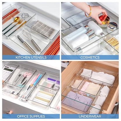 Ravinte 6 Pack Drawer Organizer - 3" X 9" Plastic Storage Bins, Acrylic Organizers with Non-Slip Pads Clear Desk Storage Tray for Makeup, Jewelries, Kitchen Utensils, Bathroom and Office - size: 3" x 9"