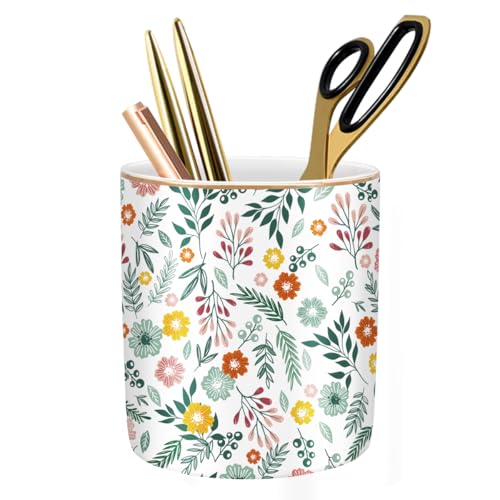 Desk Pen and Pencil Holder, Ceramic Multifunctional Organizer for Home, Office, and School, Green Floral Pattern - color: Green Floral Pattern