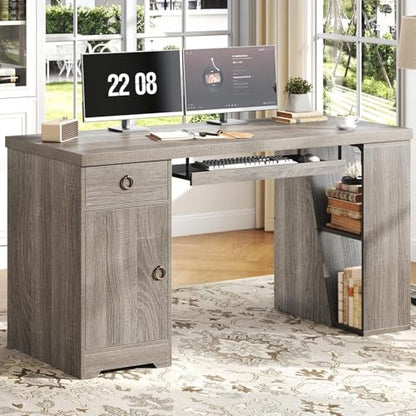 HSH 55" Office Computer Desk with Drawers, Farmhouse Grey Executive Desk with Storage Shelves and Cabinet, Modern Wooden Computer Table Teacher Desks with Keyboard Tray for Home Writing Work Study - color: Light Grey Oak