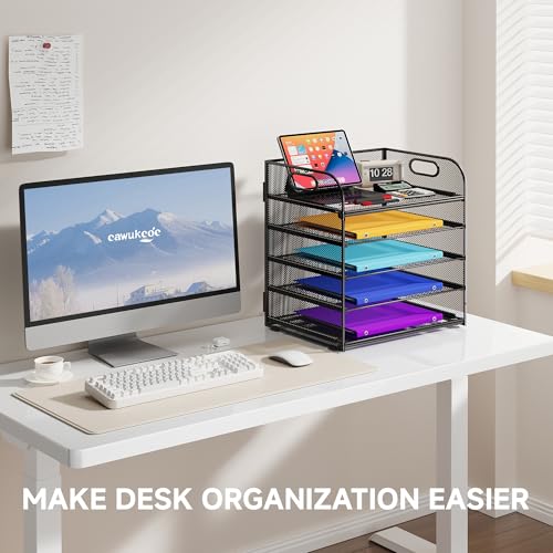Cawukege 5 Tier Paper Organizer with Handle, Black Metal Mesh Desk Organizer File Folder Paper Letter Tray Desktop Document Sorter for Classroom, School, Office Accessories Organization and Storage - color: Black