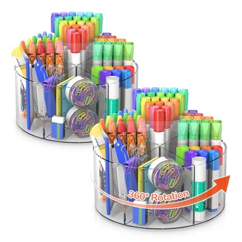 Mefirt Acrylic Pen Holder, 2 Pack 360 Rotating Organizer With 6 Compartments, Desk Office Storage for 800 Pens, Markers, Crayons and Art Supplies - style: Clear-Large 2 PACK