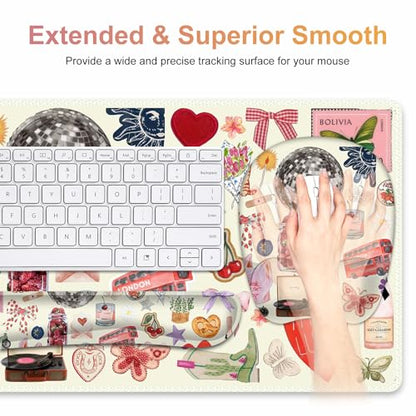 Beige Mouse Pad with Wrist Support 4 in1 Set, XXL Big Game Mousepad + Keyboard Wrist Rest + Mouse Wrist Rest Pad +Coaster Gaming Mat for Home Office Work Computer I Cute Design Stickers - color: Cute Design Stickers