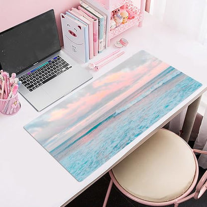 EOBTAIN Blue Beach Large Mouse Pad Coastal Desk Mat Cute Ocean Scene XXL Keyboard and Mouse Pad Desk Accessories for Office Home,Thin and Big Extended Smooth Non Slip Rubber Mousepad,31.5x15.7 Inch - color: Teal