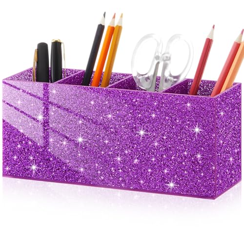 Jetec Acrylic Glitter Purple Pen Holder 4 Compartments Bling Makeup Brush Stationery Organizer Pencil Holder for Desk Accessories Sparkly Gifts for Women Back to School Birthday Desktop Office - color: Glitter Purple