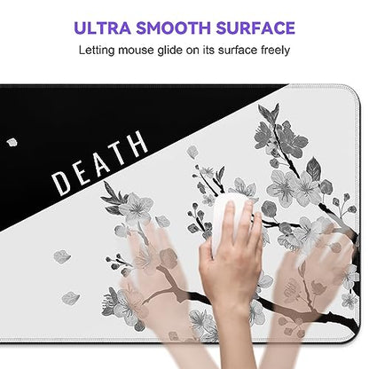 DIGSOM Mouse Pad Black and White Cherry Blossom Pattern, 31.5 x 11.8in | XL Mouse mat, Smooth surface, Anti-slip rubber base, For keyboard and mouse, For home and office use - color: Black and White Cherry Blossom